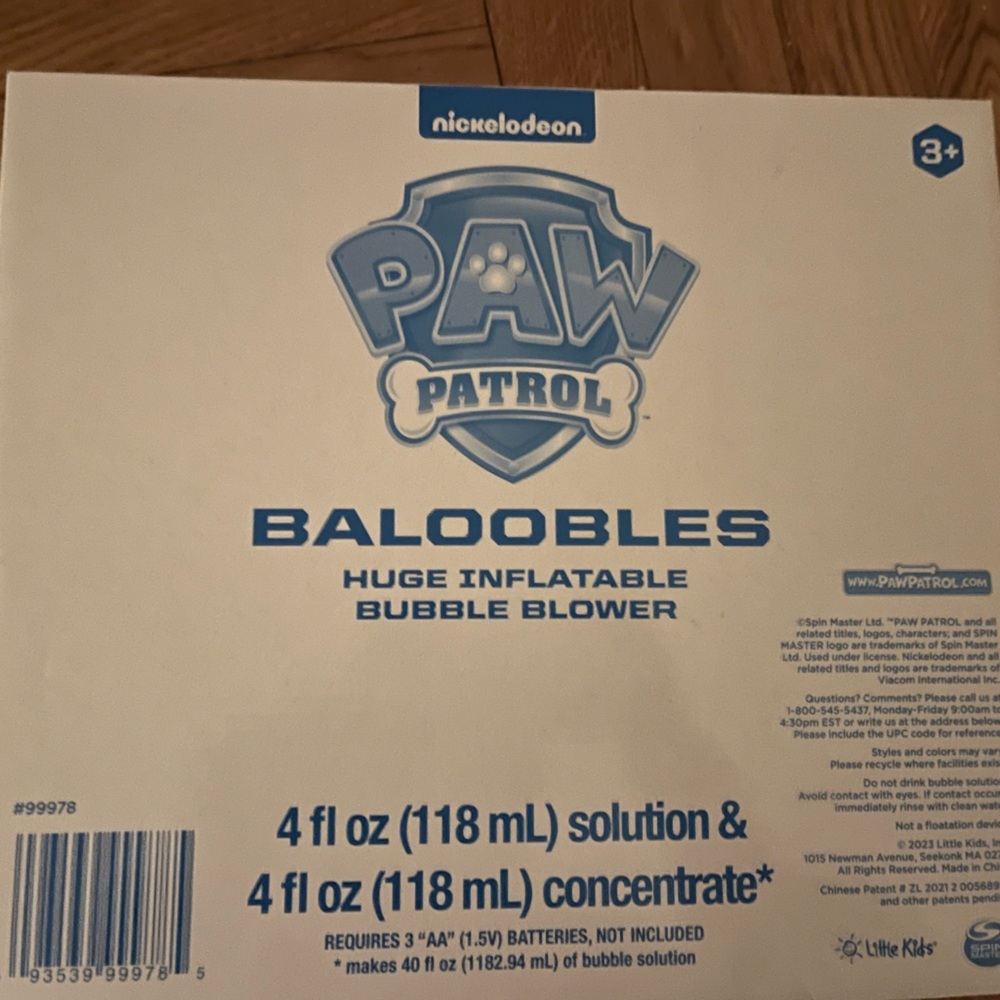 New, Never Opened in the Box- Paw Patrol Huge Inflatables Bubble Blower age 3+